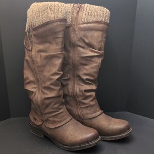 Rieker Women's Brown Tall Side Zippered Knit/Faux Leather Winter Boots,Size 38.
